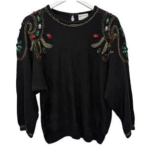 Vintage Crystal Sportswear Beaded Sweater Size S Black Embellished 80s 90s